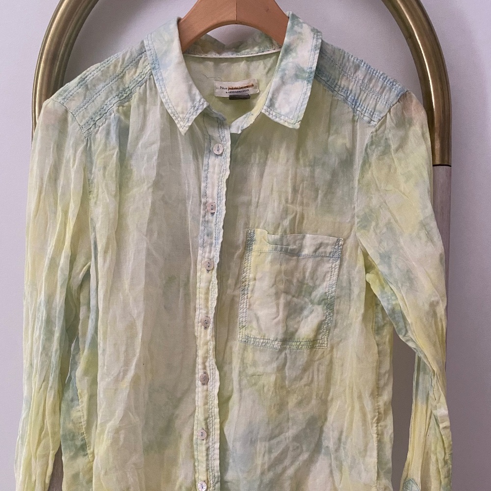 Pilcro By Anthropologie Yellow Green Tie Dye Button Up Long Sleeves Shirt Sz M